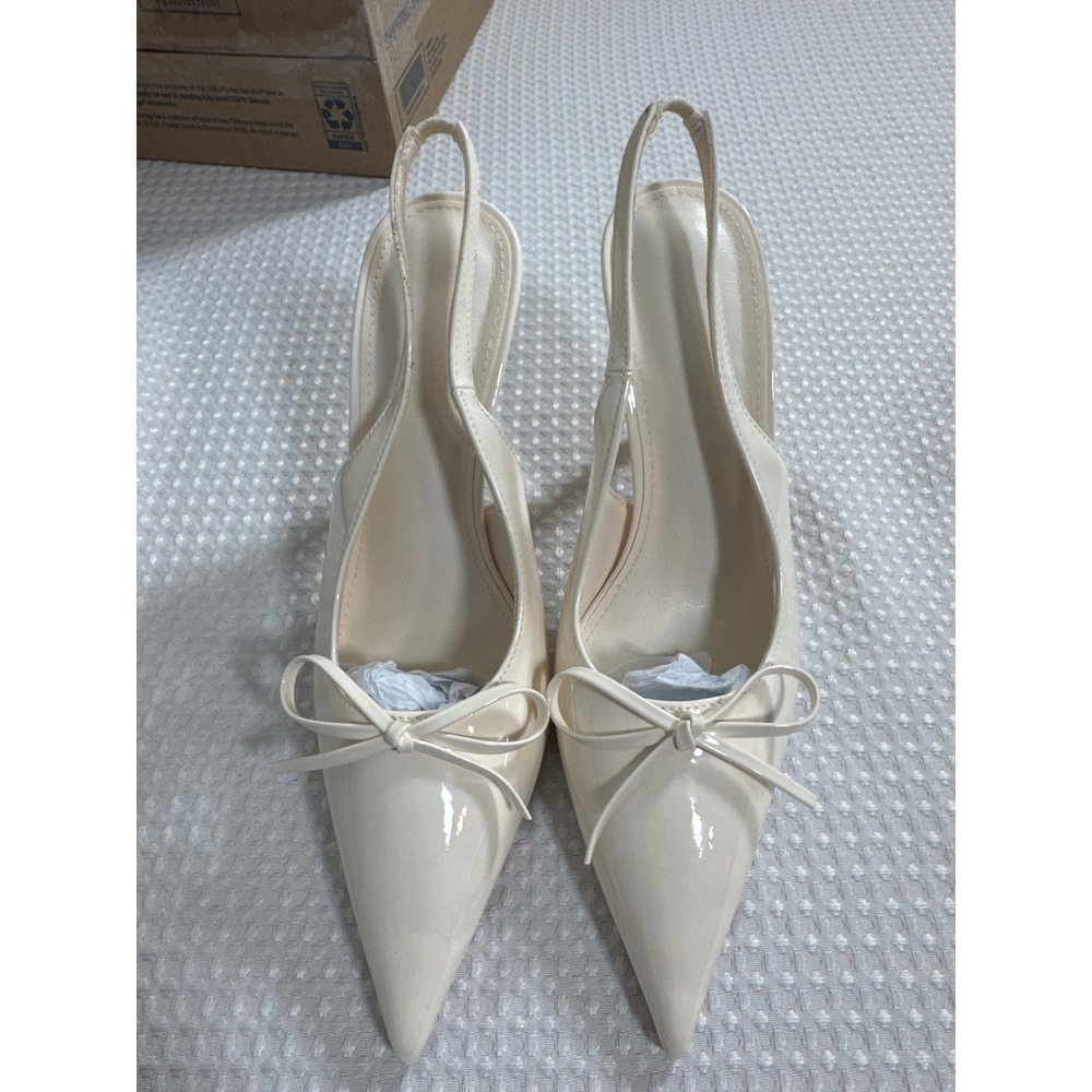 Slingback Heels Women 9 Pointed Toe Bow Cream Formal EUC
